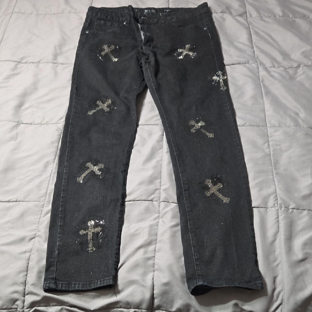 Men's Black Skinny Jeans with Silver Sequin Cross Accents